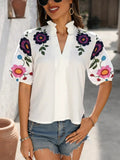 Floral Print Notched Puff Sleeve Blouse.