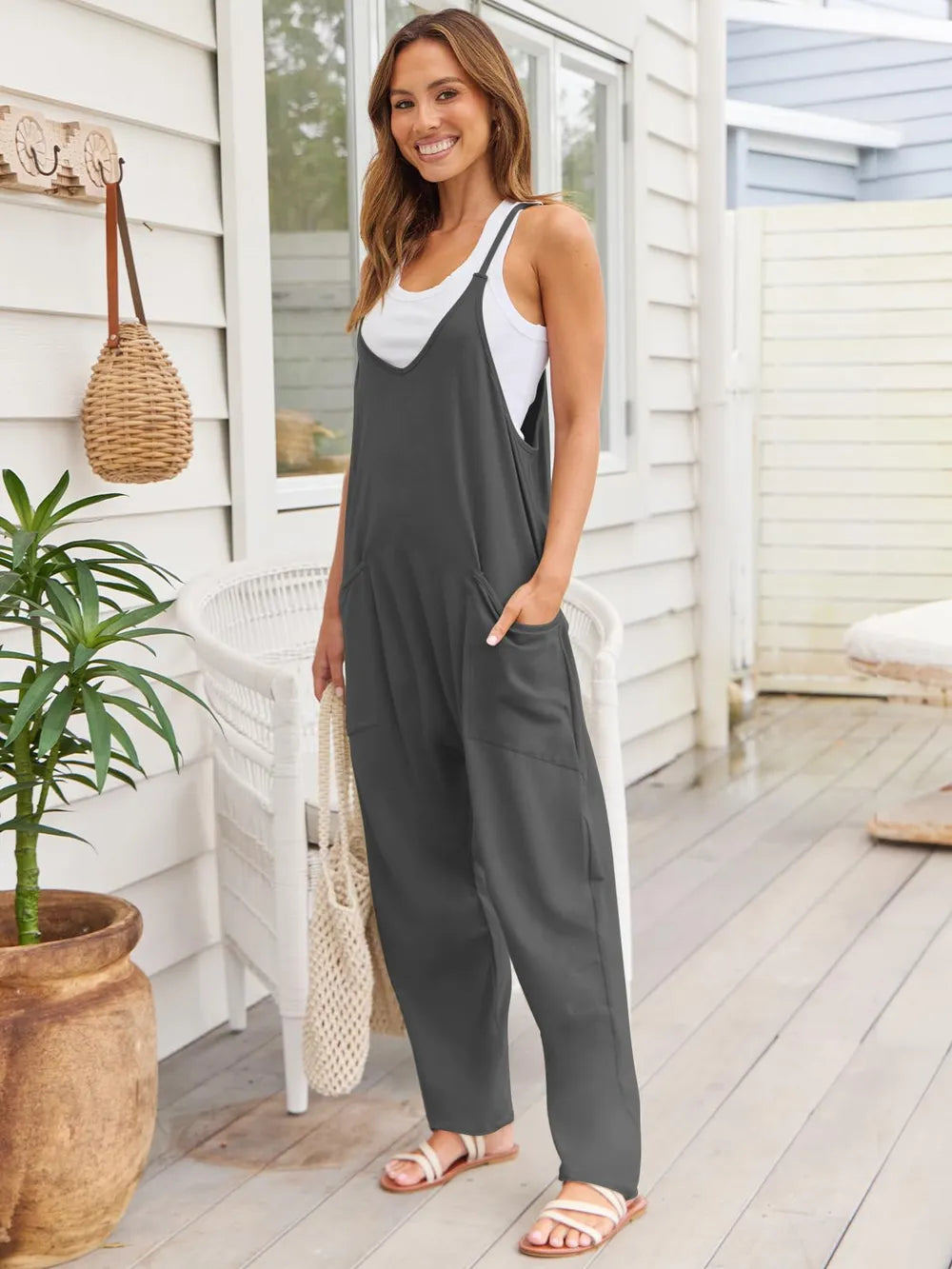 V-Neck Spaghetti Strap Pocketed Jumpsuit.