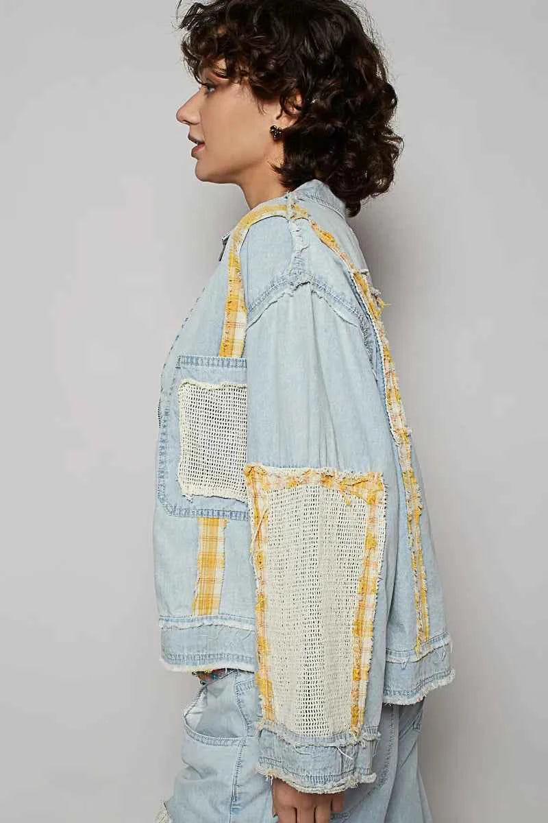 POL Raw Hem Zip Up Denim Jacket with Plaid and Crochet Patch.