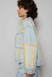 POL Raw Hem Zip Up Denim Jacket with Plaid and Crochet Patch.