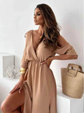 Tied Shoulder Slit Maxi Dress.