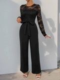 Perfee Lace Round Neck Long Sleeve Jumpsuit.