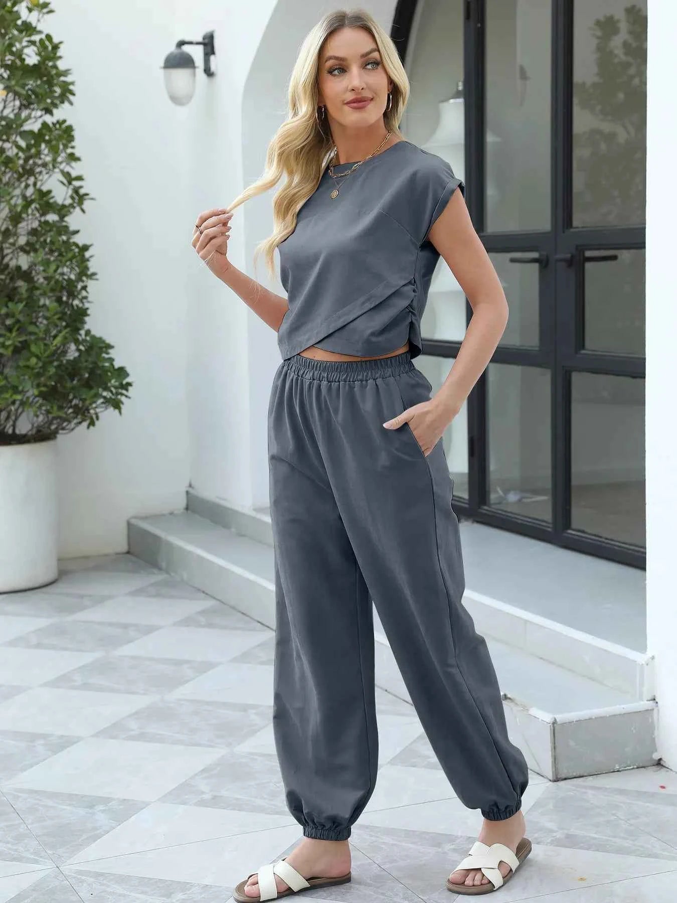 Round Neck Short Sleeve Top and Pants Set.
