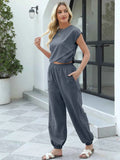 Round Neck Short Sleeve Top and Pants Set.
