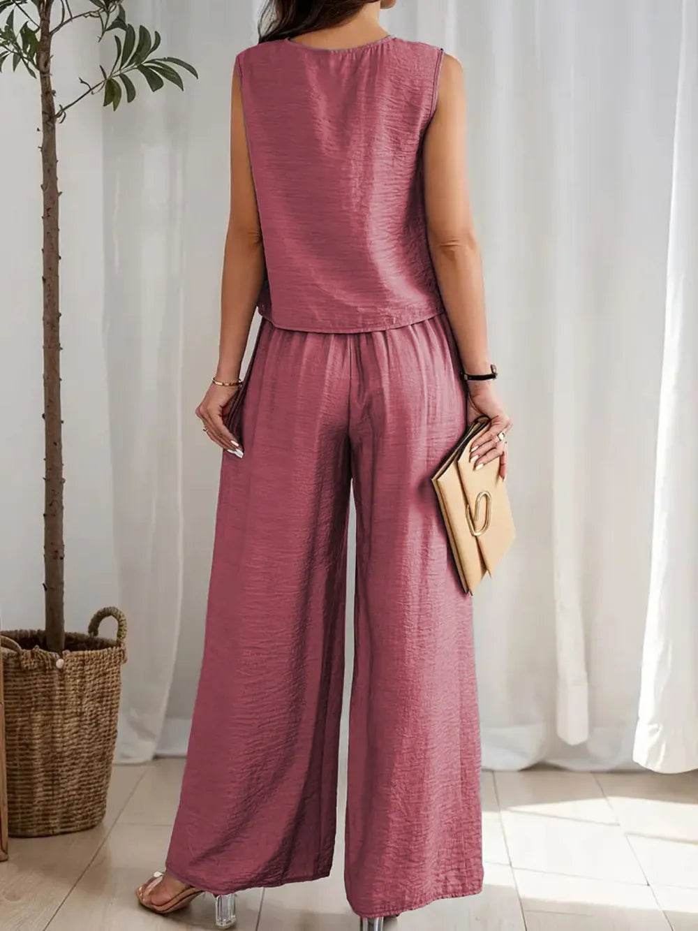 Ruched Round Neck Sleeveless Top and Wide Leg Pants Set - EBYNN