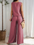 Ruched Round Neck Sleeveless Top and Wide Leg Pants Set - EBYNN