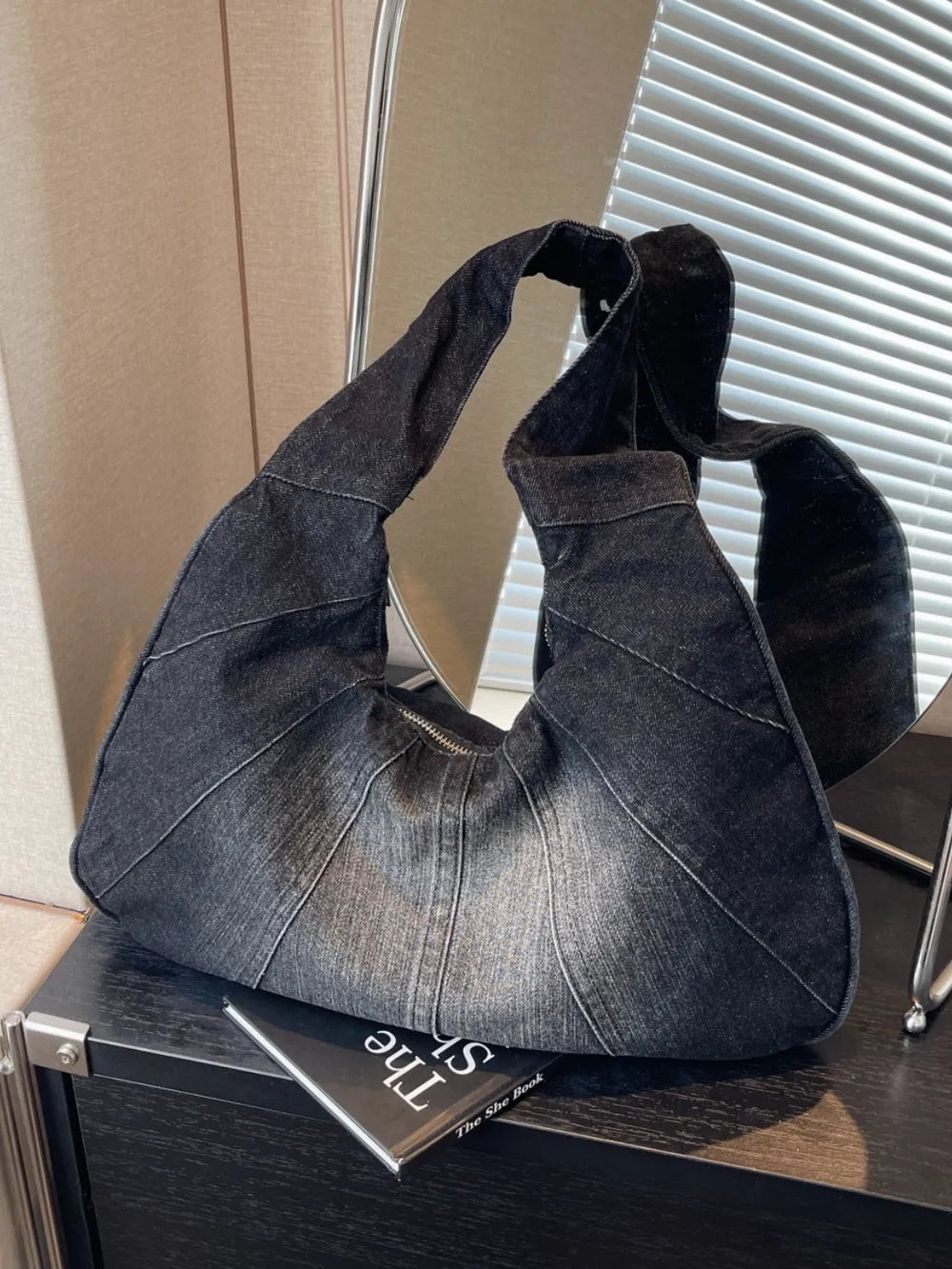 Crescent Shaped Denim Shoulder Bag.
