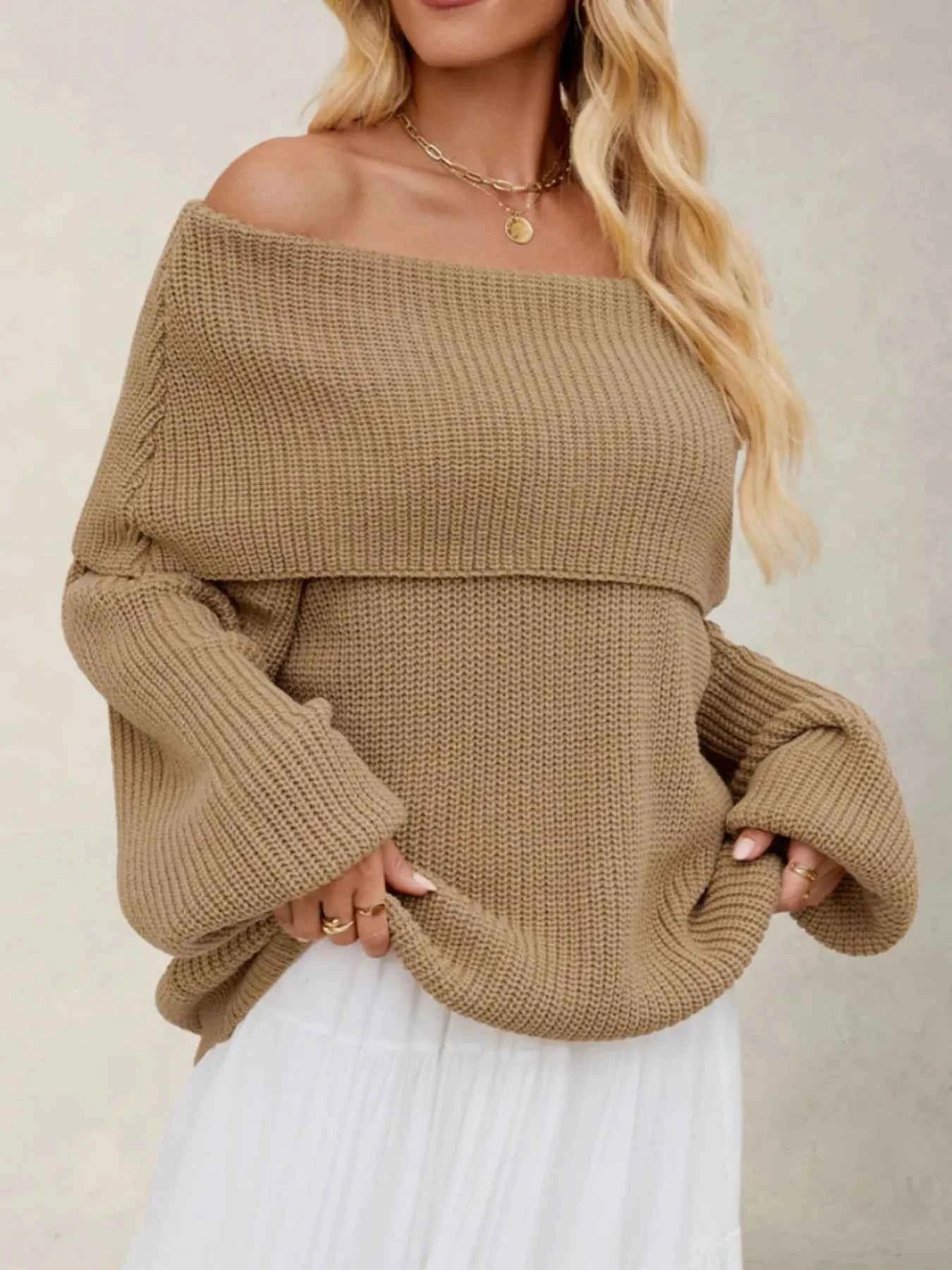 Fold-Over Collar Long Sleeve Sweater.