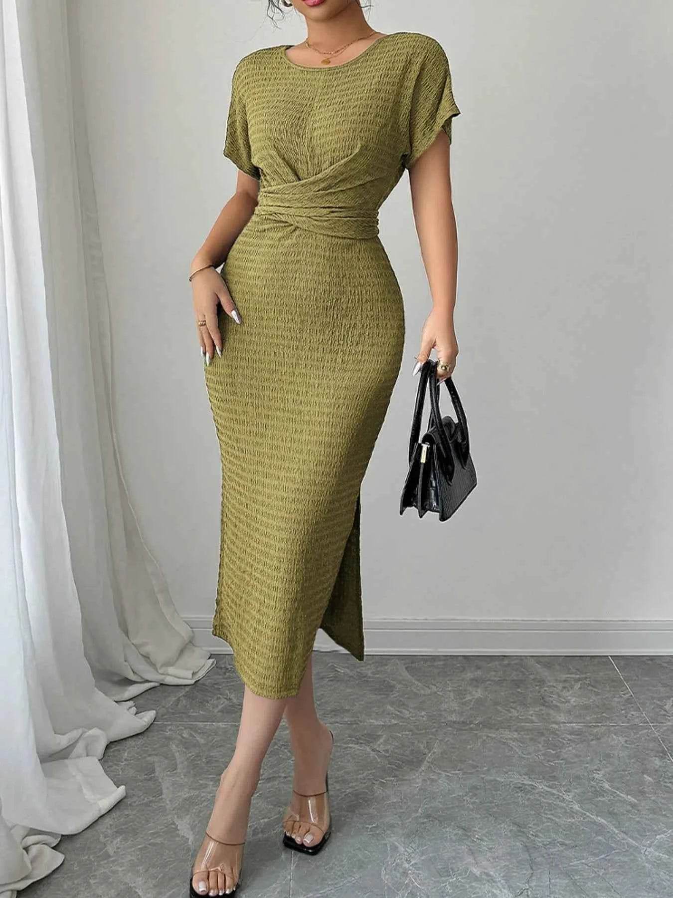 Ruched Waist Textured Midi Dress.