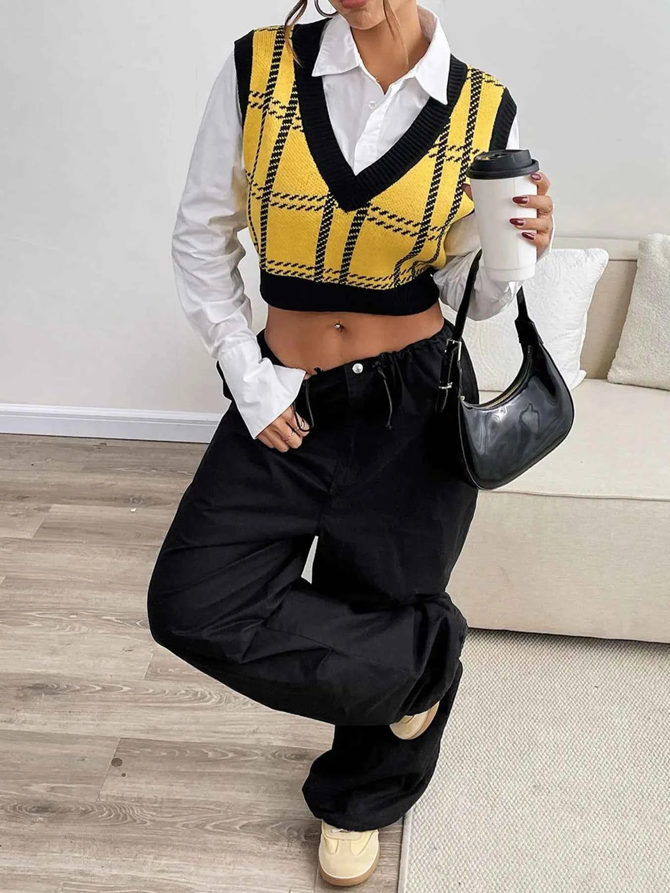 Plaid V-Neck Cropped Sweater Vest.