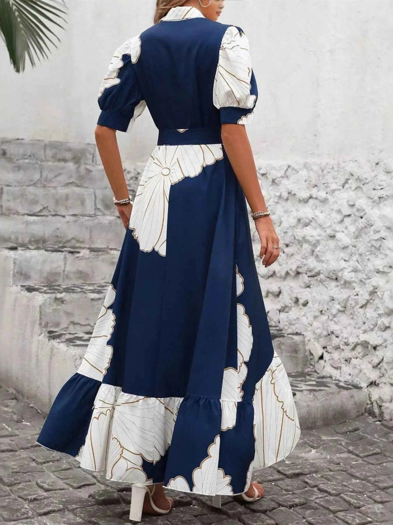 Printed Button Down Half Sleeve Maxi Shirt Dress.