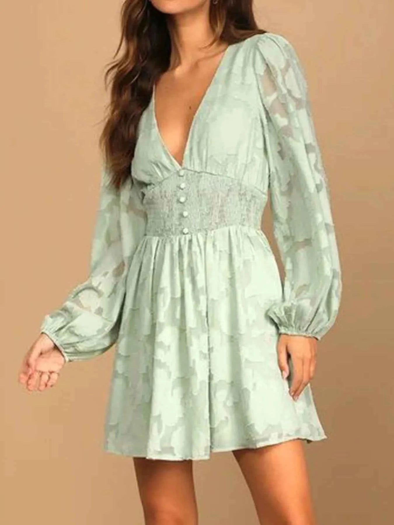 Smocked V-Neck Balloon Sleeve Dress.