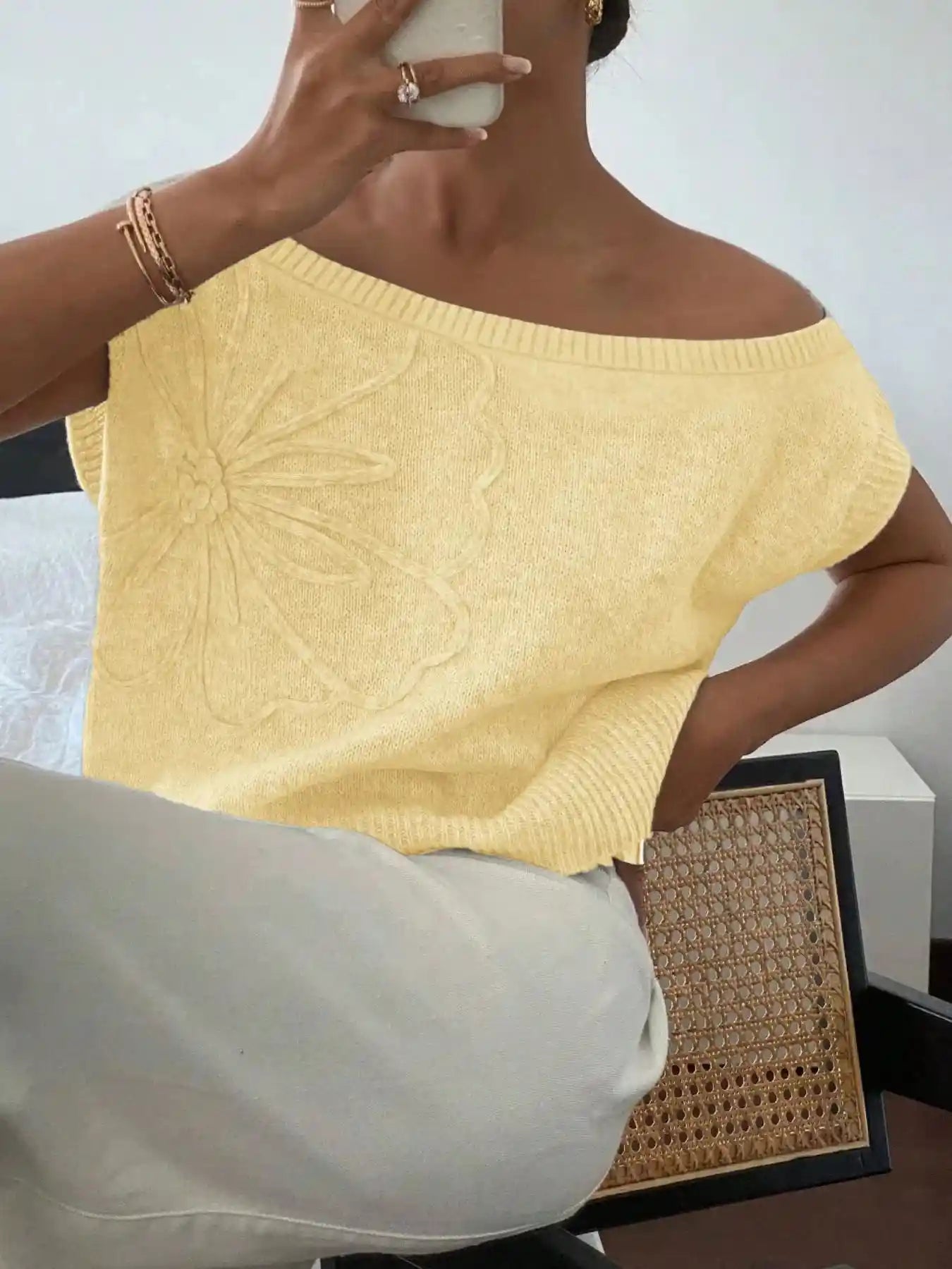 Ribbed Hem Boat Neck Sweater.