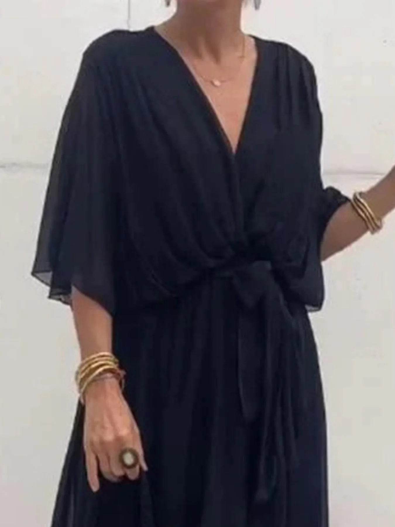 Full Size Flowy Tie Front Midi Dress with Flutter Sleeves Plus Size - EBYNN