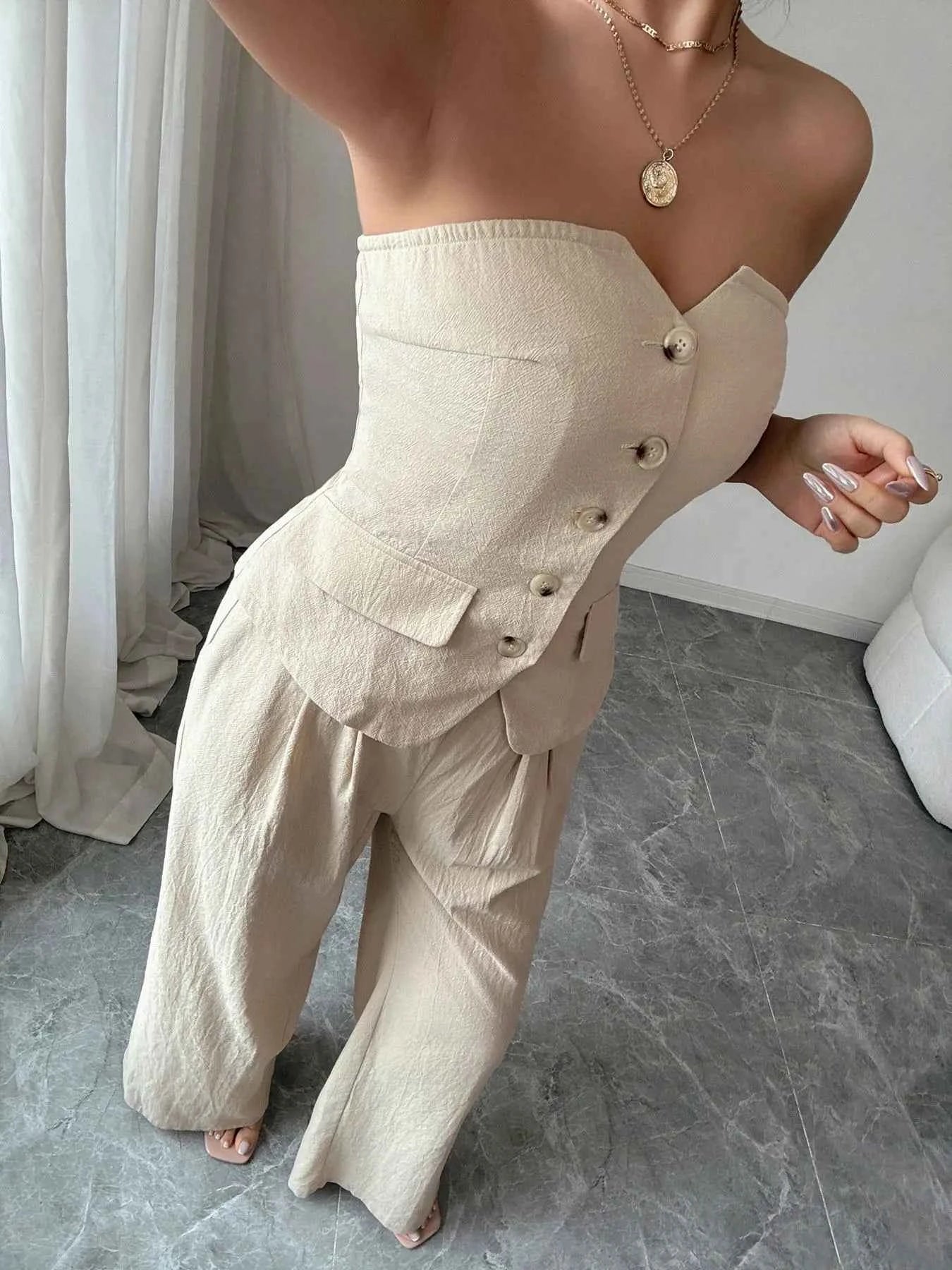 Button Down Tube Top and Pants Set.