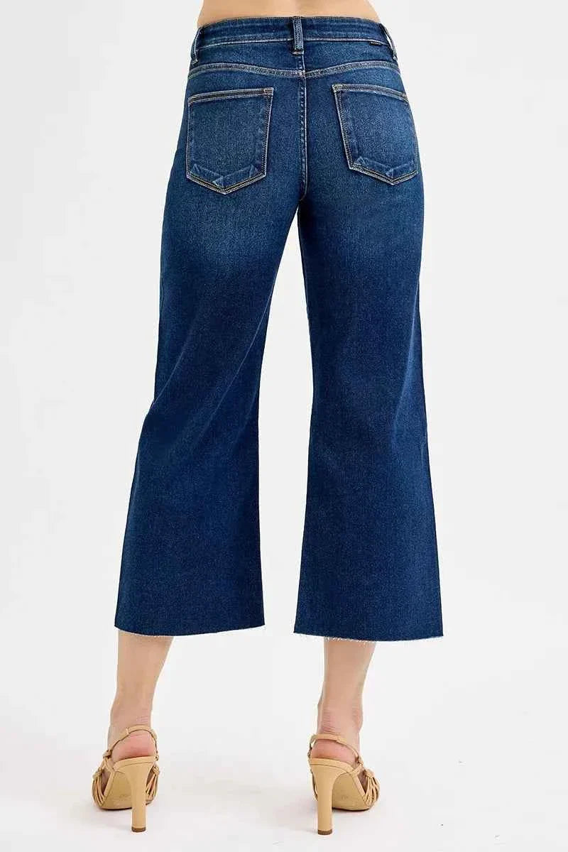 RISEN Full Size Tummy Control High Rise Crop Wide Jeans.