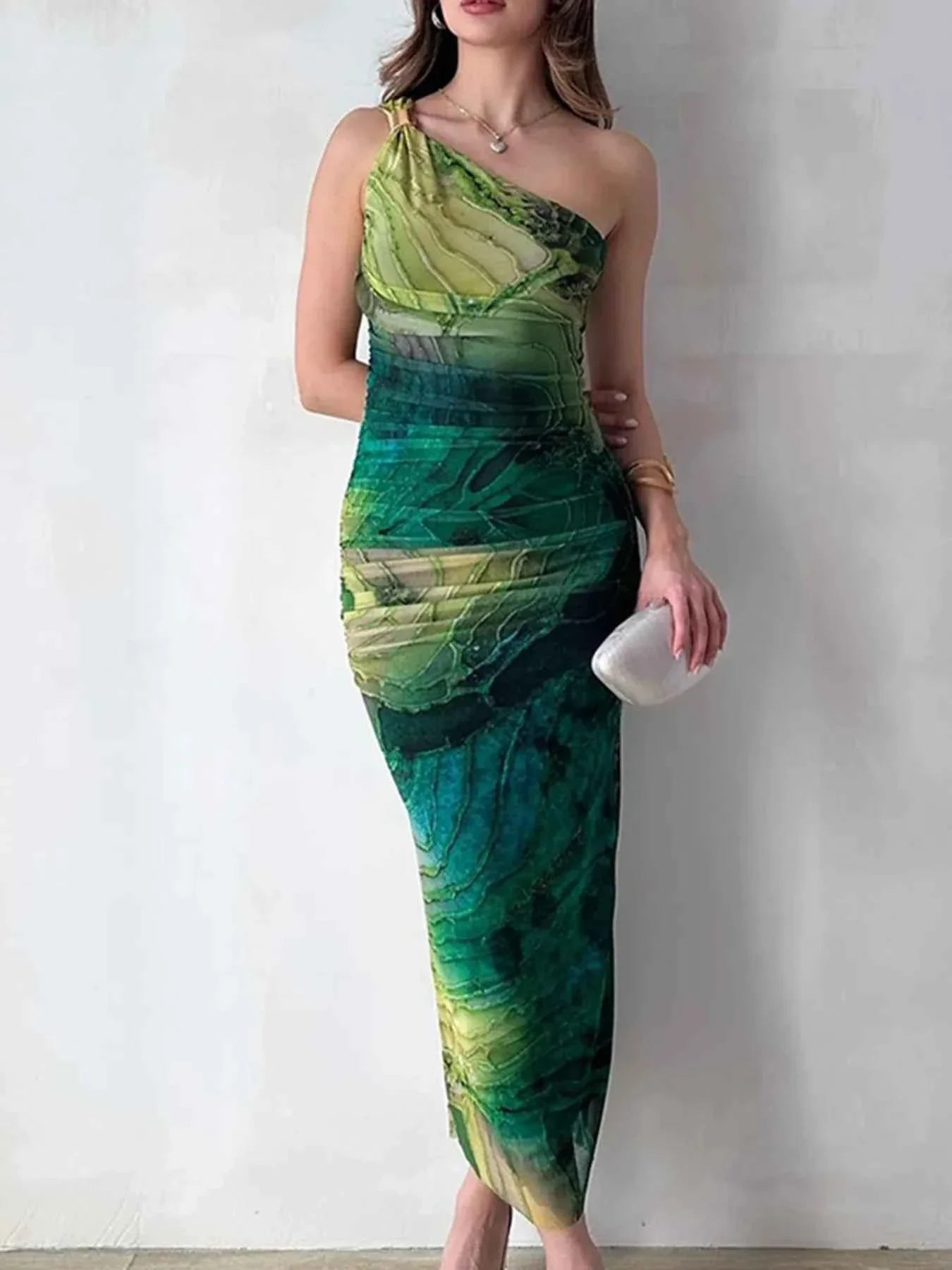 One Shoulder Ruched Bodycon Maxi Dress.
