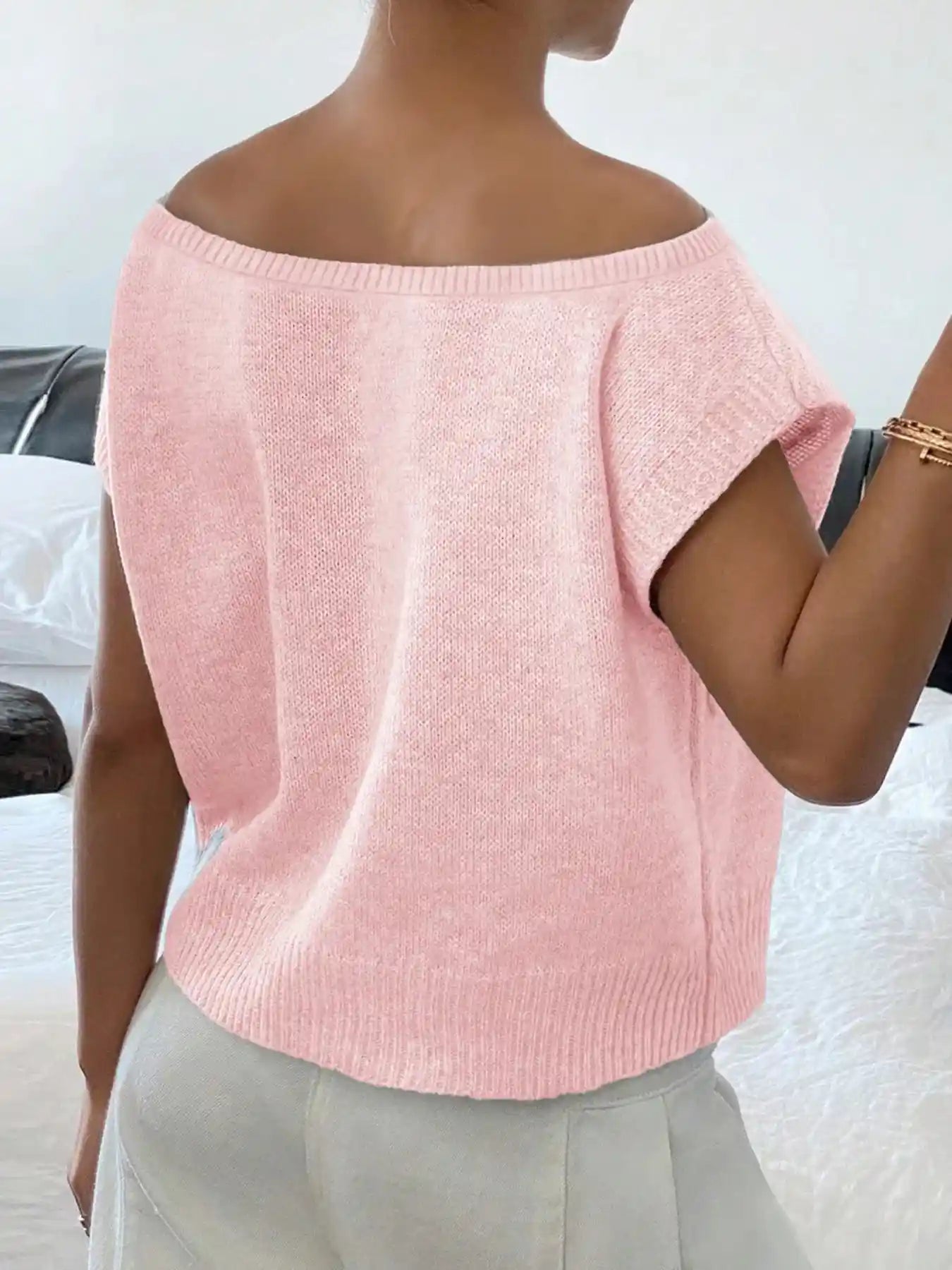Ribbed Hem Boat Neck Sweater.