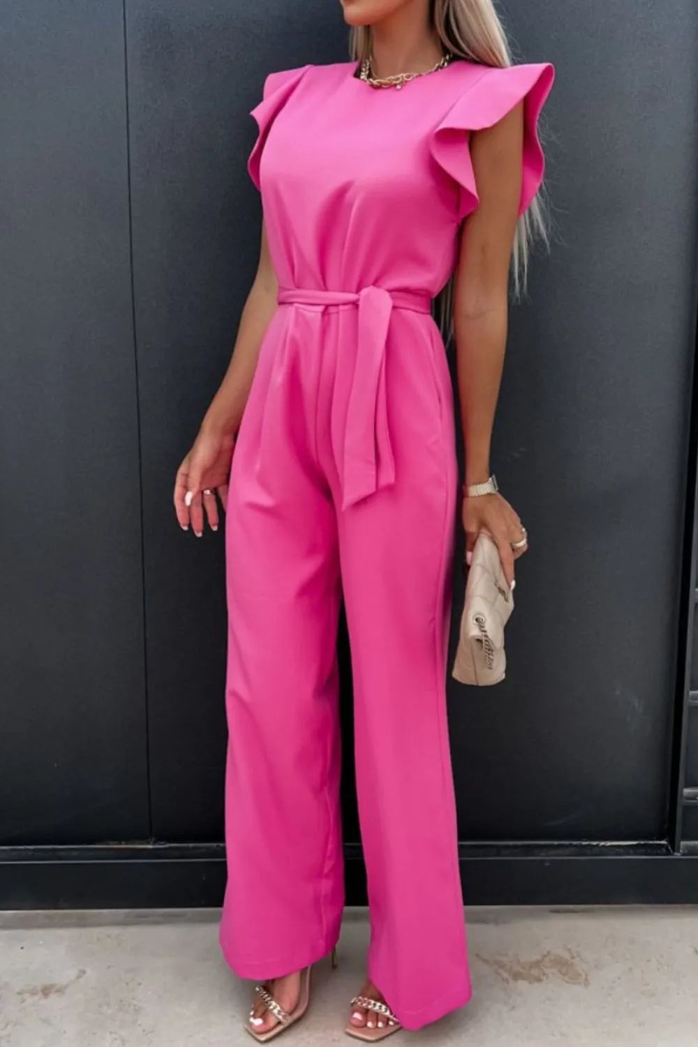 Round Neck Cap Sleeve Jumpsuit.