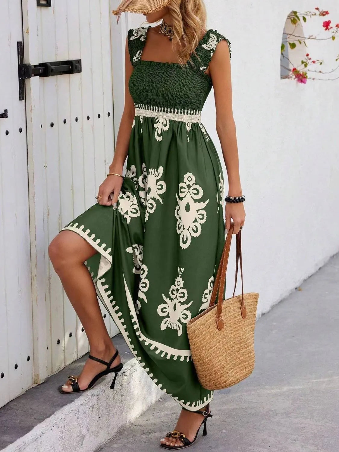 Smocked Printed Wide Strap Maxi Dress.