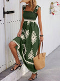 Smocked Printed Wide Strap Maxi Dress.