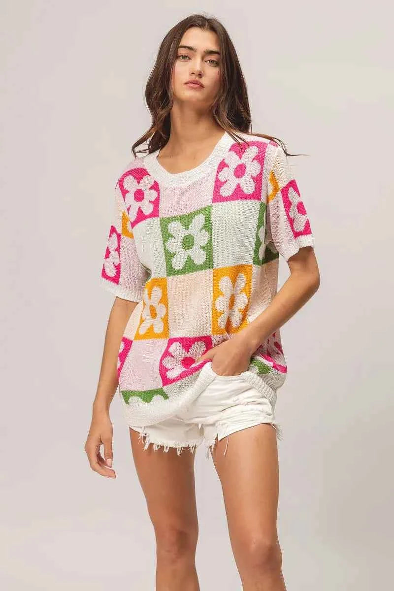 BiBi Floral Checker Pattern Lightweight Pullover Sweater.