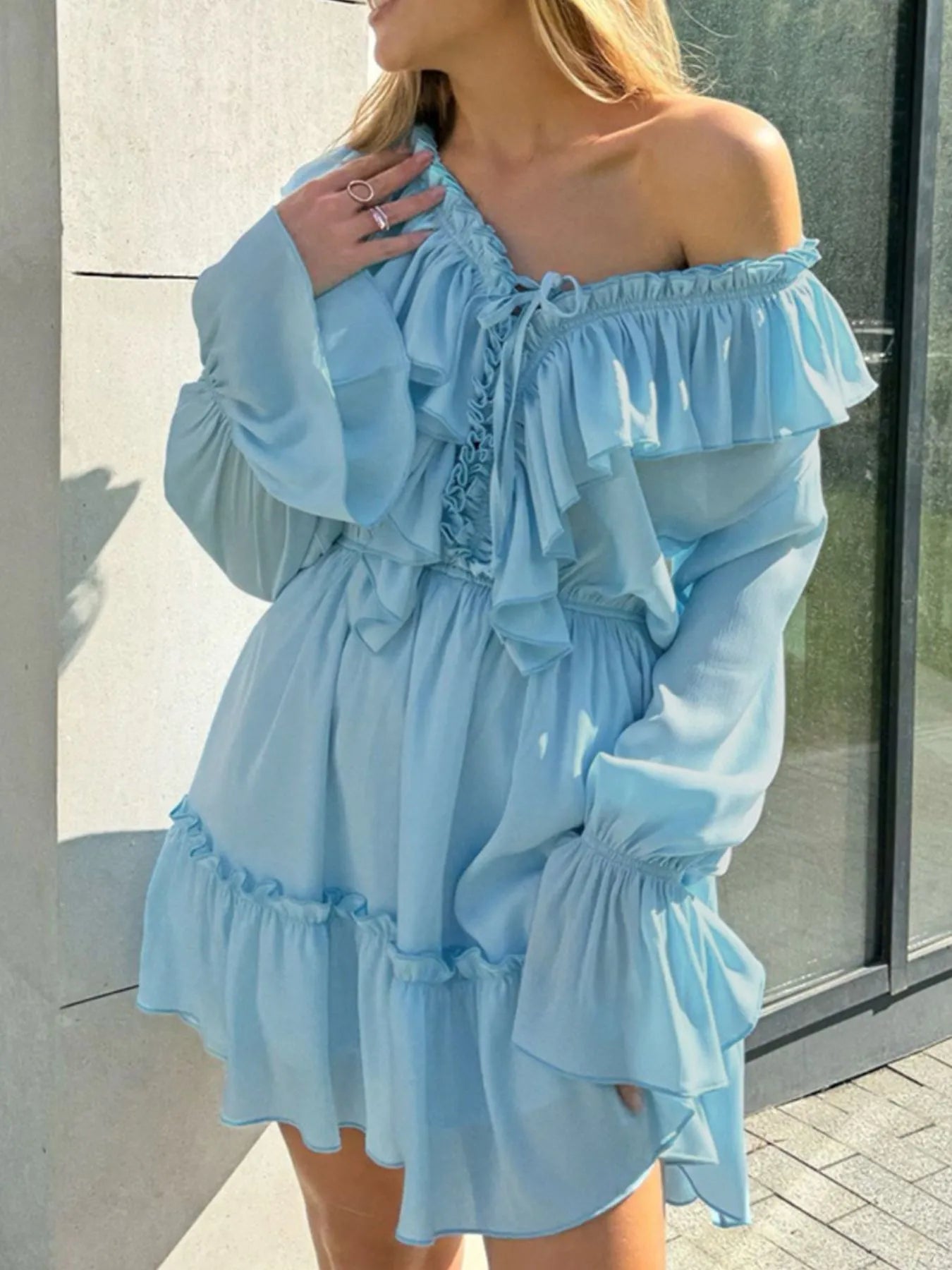 Ruffle Flounce Sleeve Mini Dress.