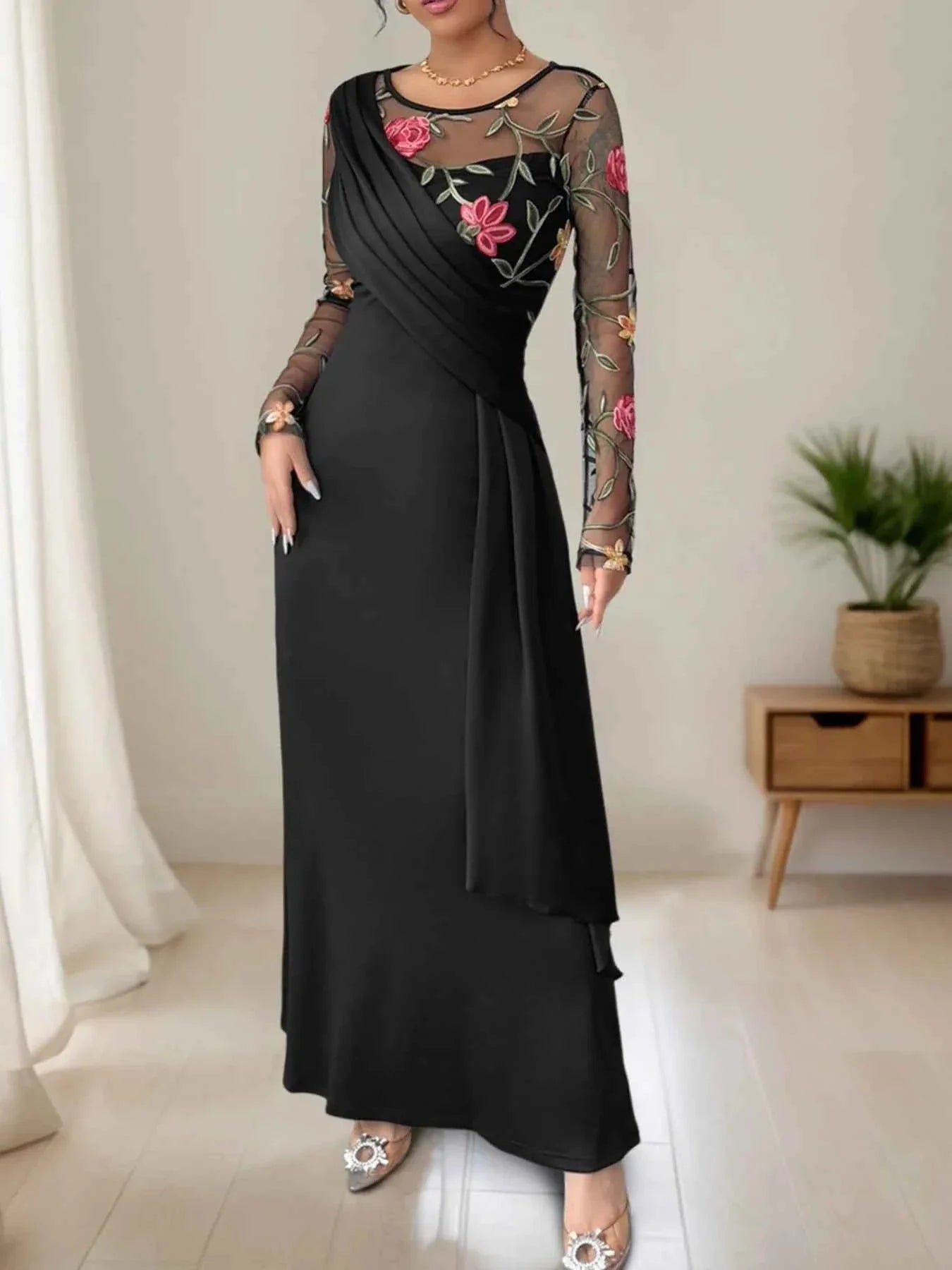 Floral Mesh Sleeve Ruched Maxi Dress.