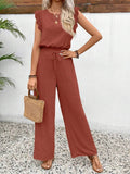 Lace Trim Round Neck Top and Pants Set - EBYNN