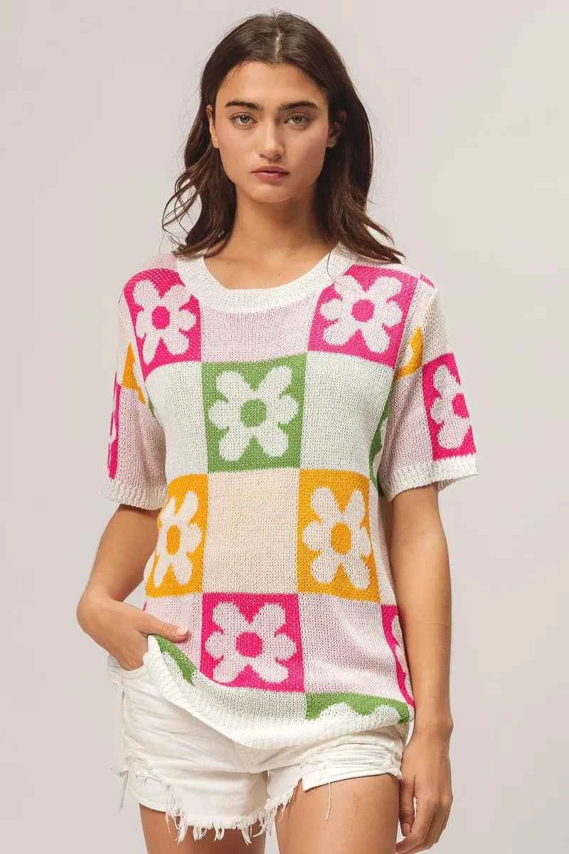 BiBi Floral Checker Pattern Lightweight Pullover Sweater.