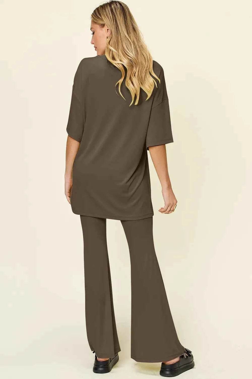 Double Take T-Shirt and Pants Set: Full Size Round Neck Drop Shoulder Style with Flare Pants - EBYNN