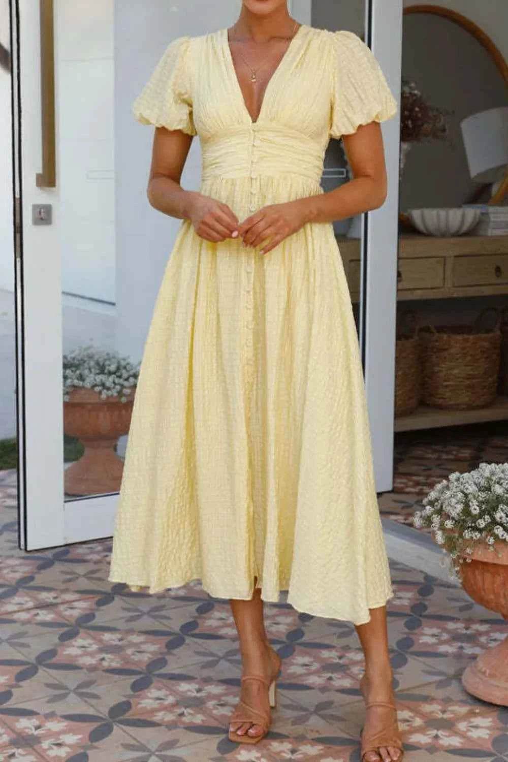 V-Neck Puff Short Sleeve Midi Dress.