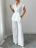 Collared Neck Cap Sleeve Two-Piece Top and Pants Set.