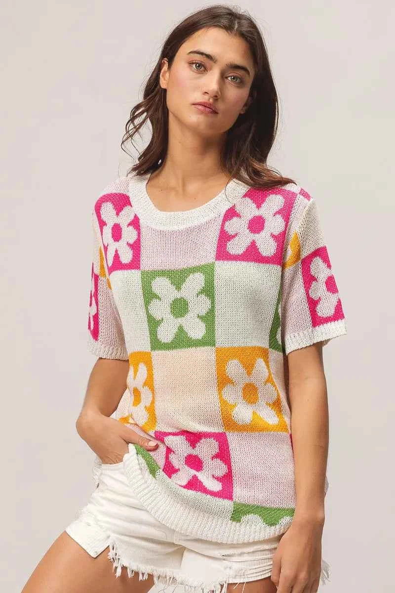 BiBi Floral Checker Pattern Lightweight Pullover Sweater.