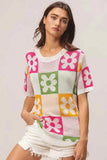 BiBi Floral Checker Pattern Lightweight Pullover Sweater.