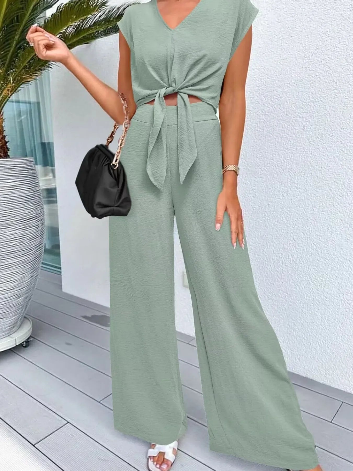 Tie Front Top & Wide Leg Pants Set.