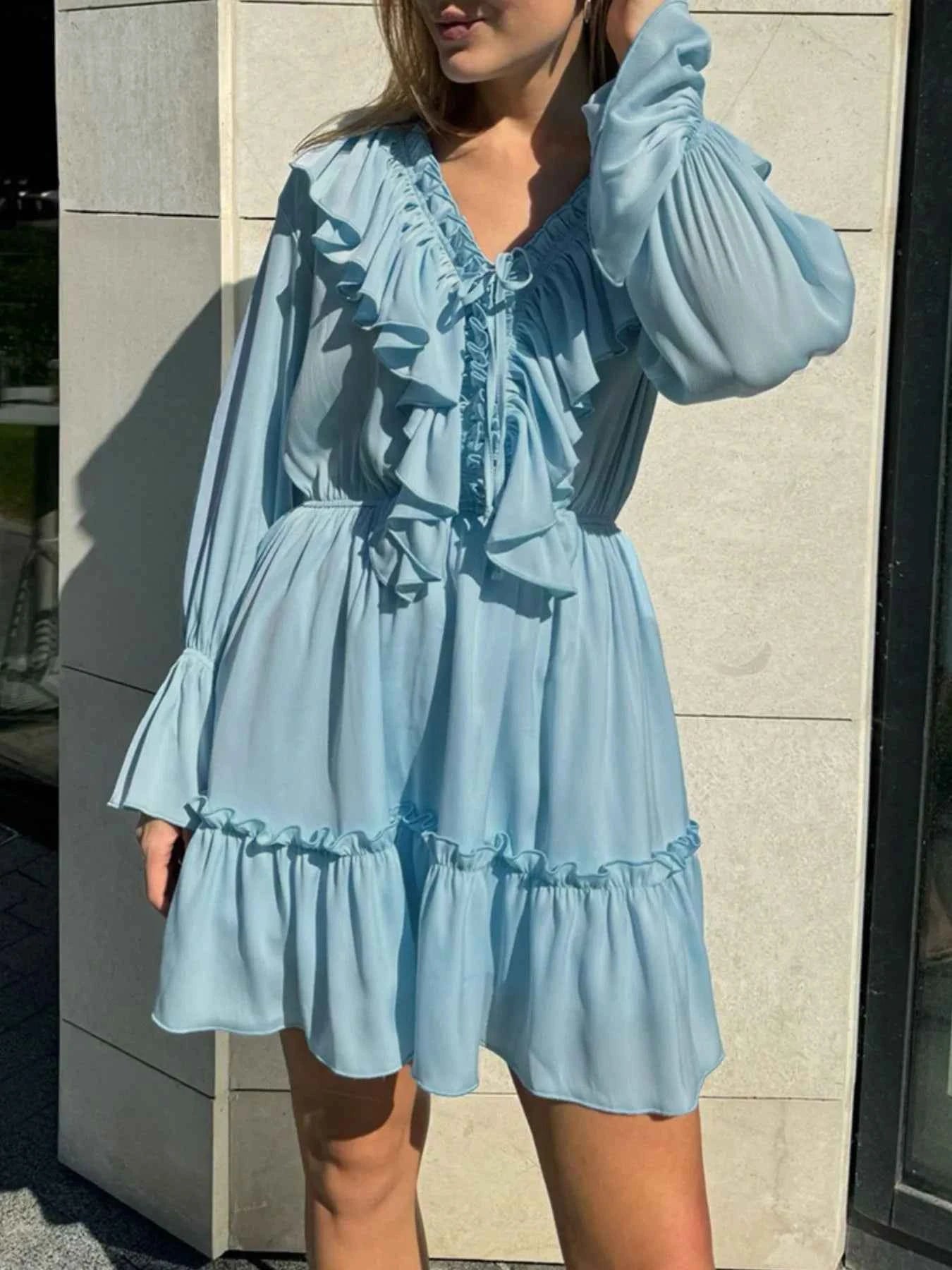 Ruffle Flounce Sleeve Mini Dress.