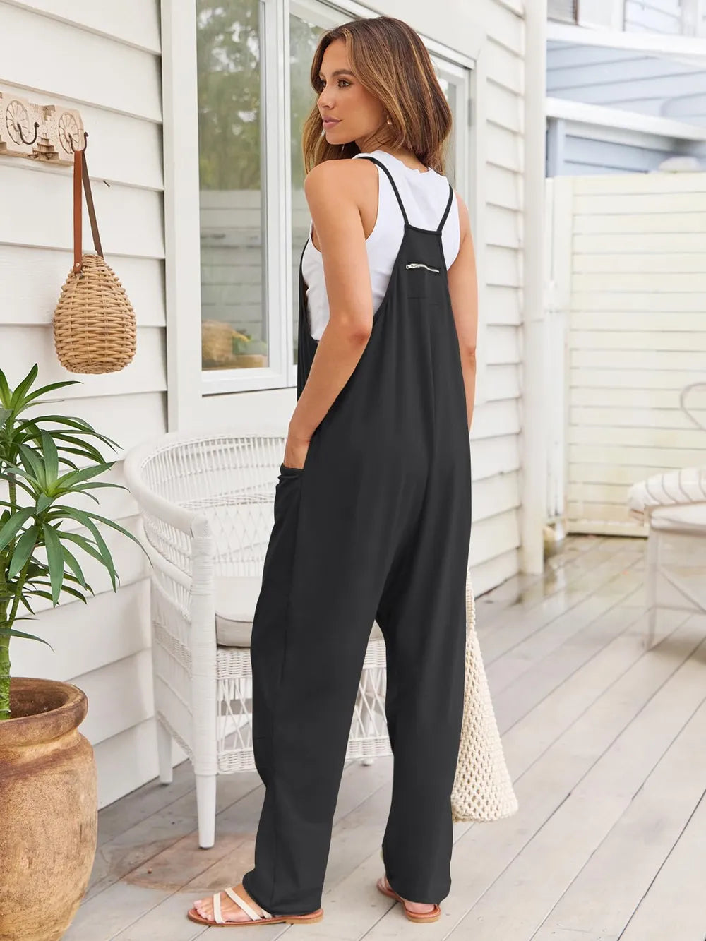 V-Neck Spaghetti Strap Pocketed Jumpsuit.