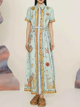 Printed Short Sleeve Maxi Shirt Dress with Belt.