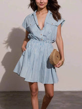 Half Button Striped Cap Sleeve Mini Shirt Dress.