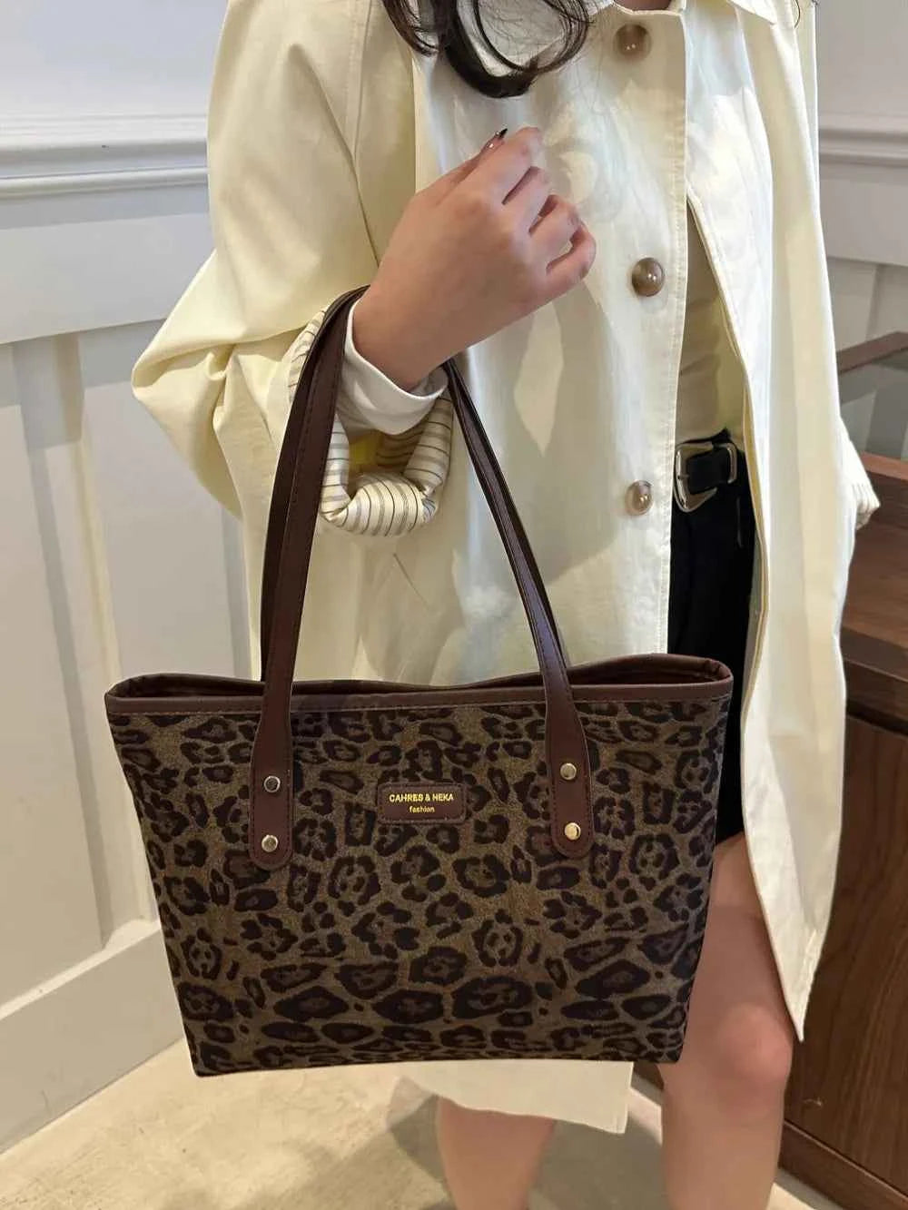 Large Leopard Print Polyester Tote Bag.