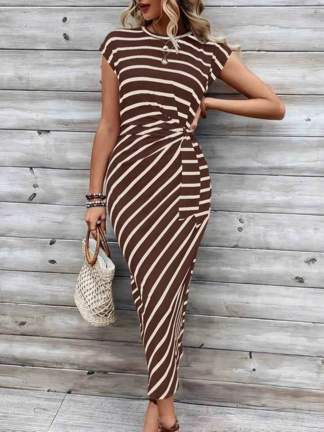 Striped Round Neck Cap Sleeve Midi Dress.