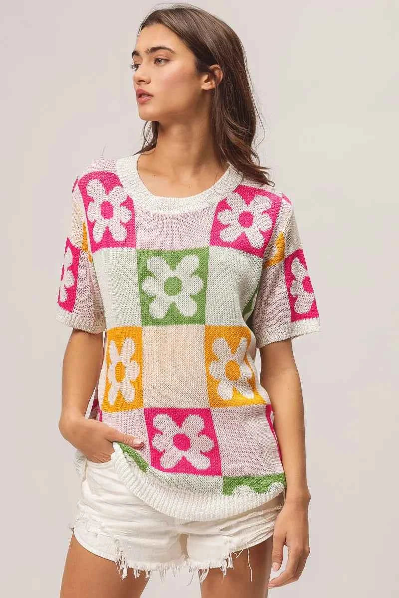 BiBi Floral Checker Pattern Lightweight Pullover Sweater.
