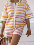 Striped Eyelet Button Up Shirt and Shorts Set.