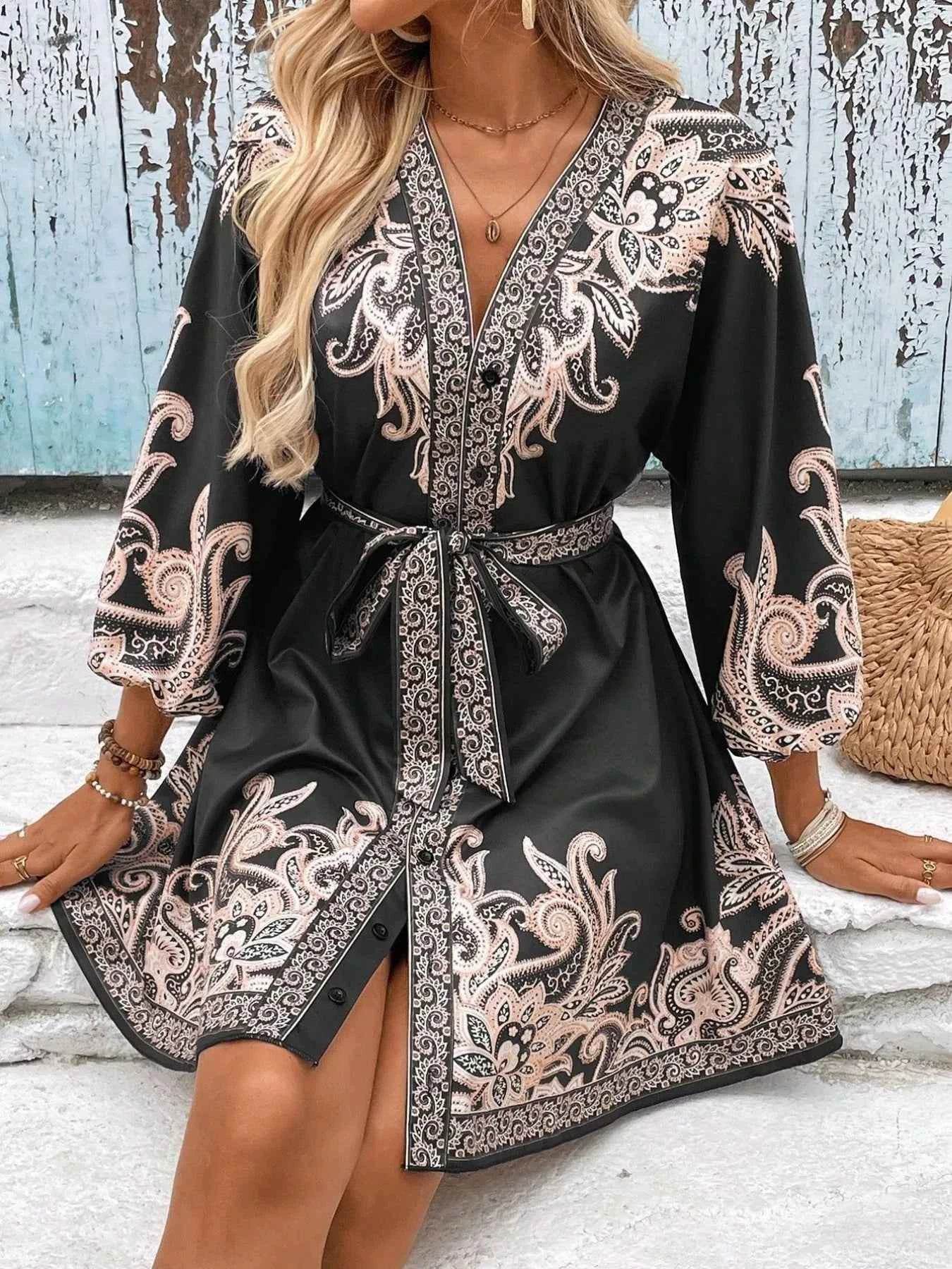 Printed V-Neck Balloon Sleeve Mini Dress.