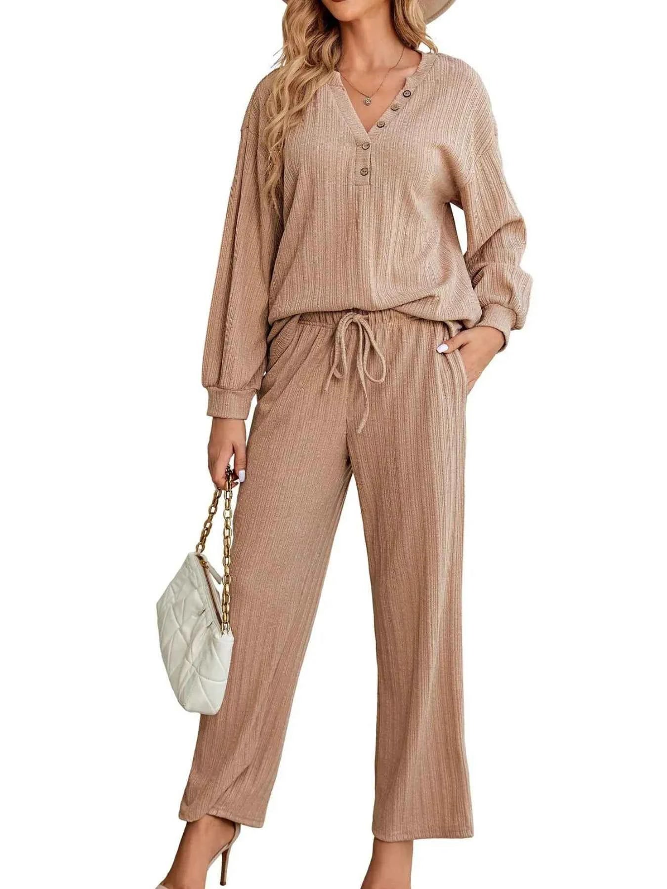 Ribbed Knit Top and Pants Lounge Set with Button Detail.