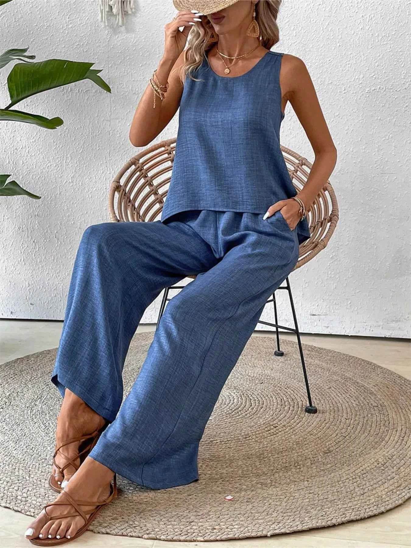 Round Neck Tank and Wide Leg Pants Set - EBYNN