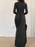 Ruched Long Sleeve Maxi Dress with Slit.