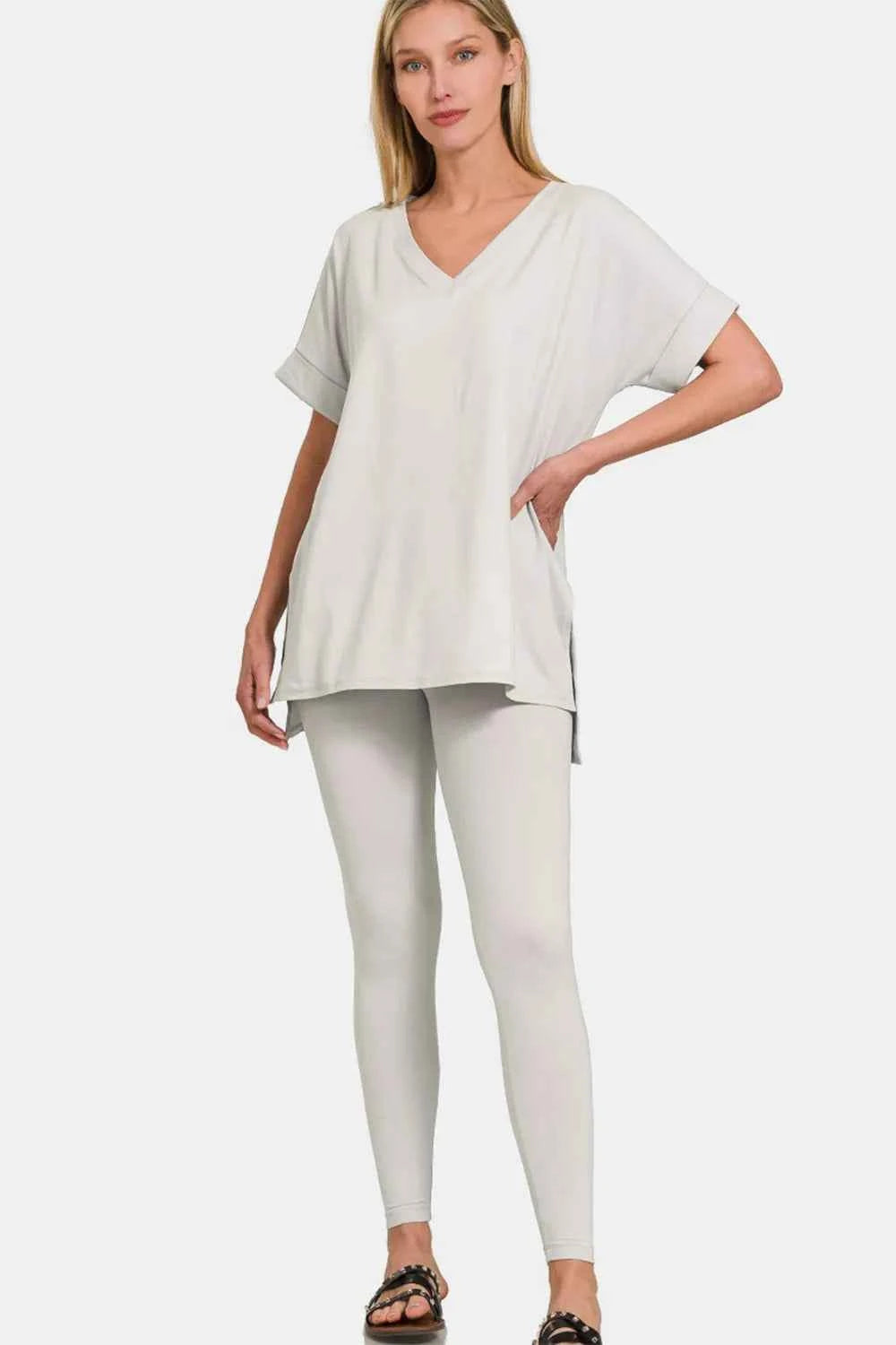 Zenana V-Neck Rolled Sleeve Lounge Set.