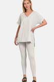 Zenana V-Neck Rolled Sleeve Lounge Set.